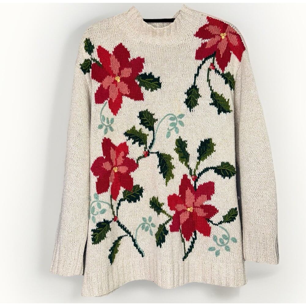 VTG Liz Sport Size Large Linen Cotton Cream Red Poinsettia Holiday Knit Sweater